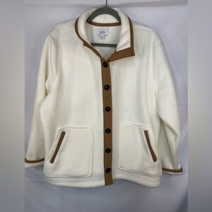 Country chic Sherpa like jacket with brown trim and a cream base. Croft&Barrow